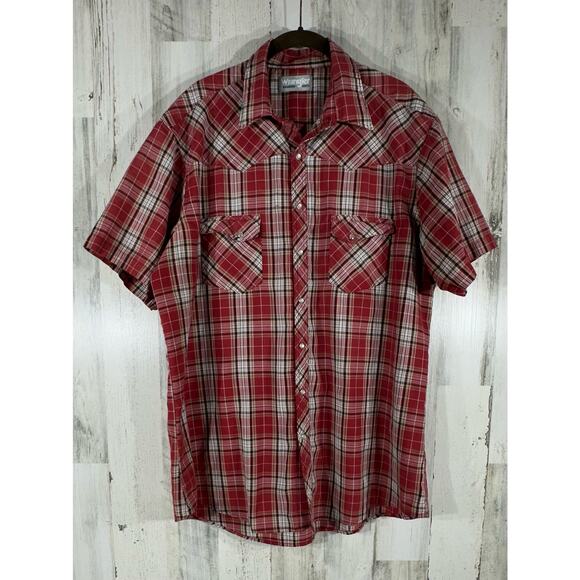 Wrangler Wrancher Shirt Red Plaid Pearl Snap Short Sleeve Approx Size XXL - Picture 1 of 8
